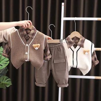 2023 Пролетно-есенен комплект дрехи за момчета от 3 теми, пуловер, жилетка за малки момчета с дълъг ръкав ризи, панталони-карго, комплект дрехи за бебета, детски костюм