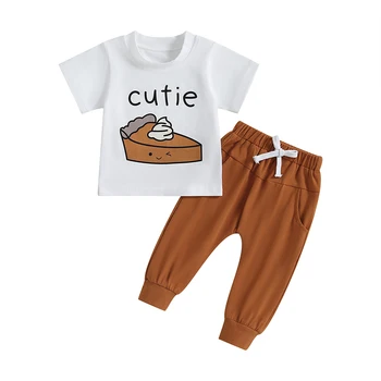 Детски есенни тоалети от 2 теми, тениска и панталони с принтом пай и къс ръкав, комплект дрехи за деца