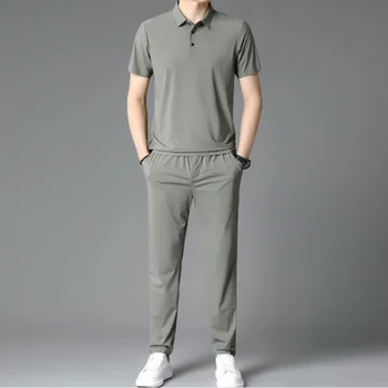 Летен мъжки модерен случайни комплект с тениска, бизнес удобен обикновен комплект от две части с къс ръкав, мъжки дрехи