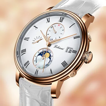 Швейцарската луксозна марка LOBINNI, автоматични механични сапфировые дамски часовници, мултифункционални кожени часовници с фазата на Луната L2075L