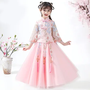 Рокля за момичета Hanfu за пролет-есен 2023, нов костюм принцеса Тан с цветя модел, мрежест ръкав с бродерия, китайски стил, древния костюм на феите