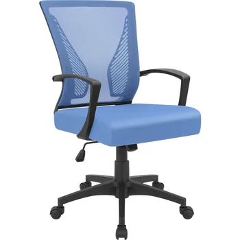 Мрежест офис стол със средна облегалка, ергономични компютърен стол с регулируема височина с лумбална опора и подлакътник, син