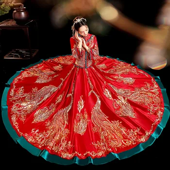 2022 Червено секси сватбена рокля Реколта дълги традиционни китайски рокли Рокли Qipao с бродерия павлина, традицията булката