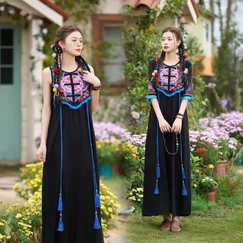2023 китайското винтажное памучно семе и лененото рокля, рокля без ръкави с национална бродерия на цветя, дълга рокля с пискюли в източния етнически фолк стил