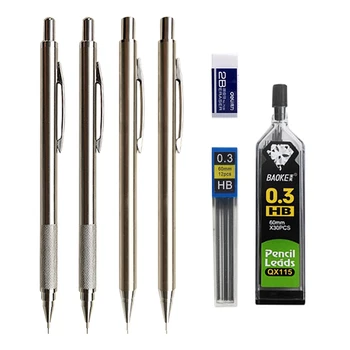 Метален механичен набор от моливи 0,3 мм, HB, оловни зареждане с гориво, автоматичен молив, инструмент за рисуване на скици, ученически пособия, канцеларски материали