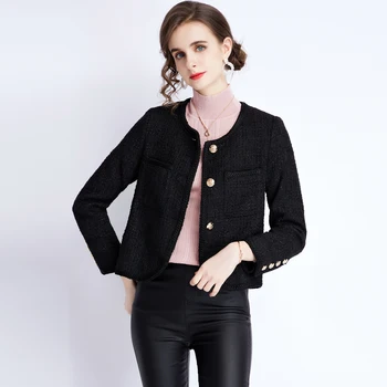 Висококачествена приятно есенно-зимна черна твидовая однобортная яке, палто, дамска офис вълнена къса горна дреха с кръгло деколте и дълъг ръкав