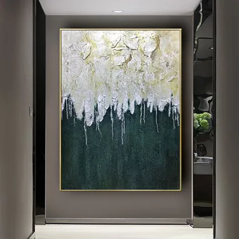 100% Ръчно рисувани Модерна сива картина с маслени бои Картина на ножа Абстрактен горски пейзаж стенно художествено изображение на Зелената тема Начало декор плакат