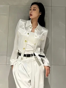 Дамски черен солнцезащитная дрехи, палто, бяла универсална яке, корейски дамски сатенени сака с метална катарама, скъсяване на върховете