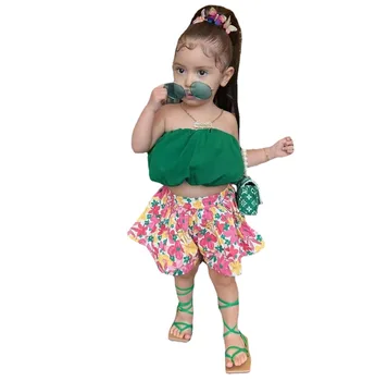 Летни дрехи за прекрасни момичета 2-8 години, Зелено Топ Без Ръкави за Деца + Гащета с цветен Модел, Детски Дрехи от 2 теми, Спортен Костюм