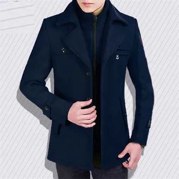 2019 ново мъжко есенно-зимно палто, мъжки вълнена куртка средната и дългата дължина, мъжки приталенная памучен удебелена яке с имитация на шията, плюс