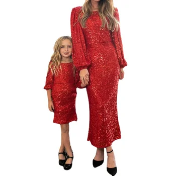 Семеен начин с дълъг ръкав, еднакво рокля за майки и дъщери, празнична дрехи, червени, зелени, черни сватбени рокли с пайети за майки и момичета