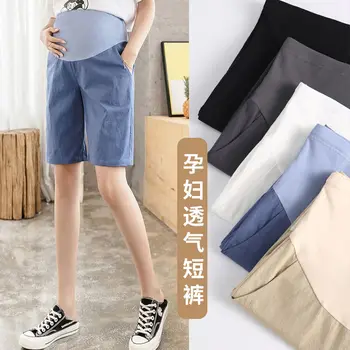 Високо качество памук, ленени къси панталони за бременни Летни тънки свободни къси панталони за бременни Черни панталони цвят каки