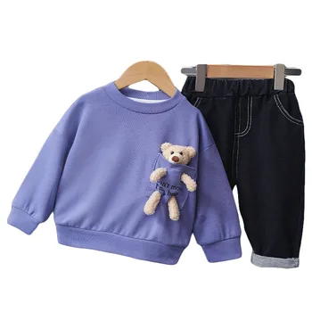 Комплекти детски дрехи, дрехи за момчета и момичета, однотонная дрехи за деца, пуловер с дълги ръкави и шарките на мечок от анимационен филм, дънки, костюм от 2 теми от 0 до 5 години