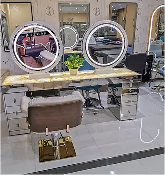 Огледален масичка за фризьорски салон с двустранен led осветление, огледало с променлив цвят, плот от изкуствен мрамор, кант от неръждаема стомана