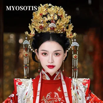 Великолепен китайски ретро прическа с корона на Феникса, преувеличенная кралицата, принцеса, сценично шоу, сватбена прическа, сватбен аксесоар за коса