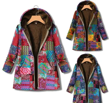 Есенно-зимния ново палто от памук и коноп, женски винтажное вълнени палта с капак и джоб с принтом, удебелена светкавица