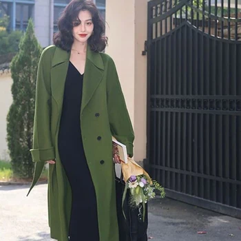 Френското винтажное вълна палто, женски зелен костюм, двубортное палто, есенно-зимно модно дълга вълна палто оверсайз