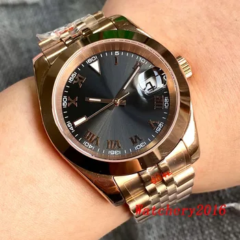 BLIGER 36 мм на 39 мм черен циферблат с римски цифри NH35A Мъжки часовници с автоматично движение, сапфирен кристал, светещи гривна от розово злато