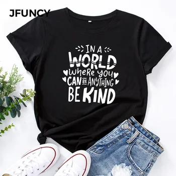JFUNCY Женска тениска от 100% памук С творчески писмото принтом, Графични Тениски, Дамски Тениска, Дамски Потници, Тениска с къс ръкав