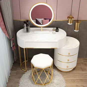 Лесен луксозен стъклен тоалетка Нова черна конзола бяло-сива с огледало, Шкаф за съхранение на козметика Вградена мебели за спалня