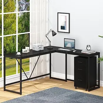 L-образна маса с передвижным гардероб за съхранение, кът бюро за компютър L-образна форма за домашен офис с чекмеджета, Голям метален дървена маса за Exe