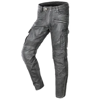 Мотоциклетни кожени панталони, мъжки панталони от дебела 100% телешка кожа, реколта сиво-черни мъжки мотобайкерские панталони, зимни 5XL