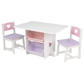 Дървена маса и стол във формата на сърце с 4 Чекмеджета, розово, лилаво и бяло Детска маса и стол, маса деца за училище