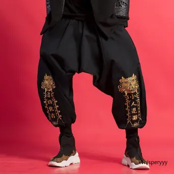 Китайски Стил, Индивидуалност Бродерия Ниска Слабините Span Панталони Мъжки Етнически Зреещи Прилив на Хип-Хоп Свободни Хип-хоп Танци Кръст-панталони Мъжки