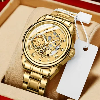 FNGEEN Модни златни механични часовници с автоматично виртуален скелет мъжки часовници най-добрата марка на Луксозни от неръждаема стомана кухи часове Montre Homme