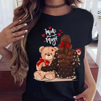 Весела Коледа, женска тениска, тениски с образа на привлекателен мультяшного мечка, черна риза с къс ръкав за момичета на 90-те години, модни топове, чай