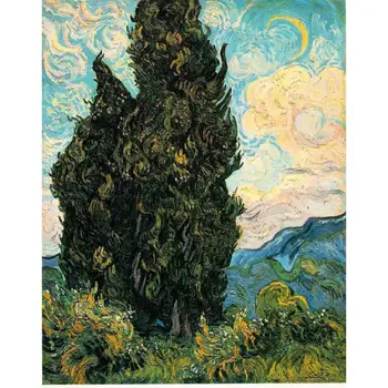 Пейзажи, платно, дървета, картини на Винсент Ван Гог, два кипарис, репродукция масло ръчно изработени, съвременно произведение на изкуството, декорация, офис стая