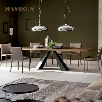 Маса в стил американски лофта в ретро стил, индивидуален творчески маса за хранене, модерна комбинация на мебели от масив, дърво и ковано желязо