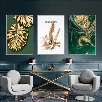 GOODECOR Зелено и златно Абстрактен лист, Монтиране на изкуството, платно, плакати, печат, скандинавски декоративна картина, живопис, модерен интериор за хол