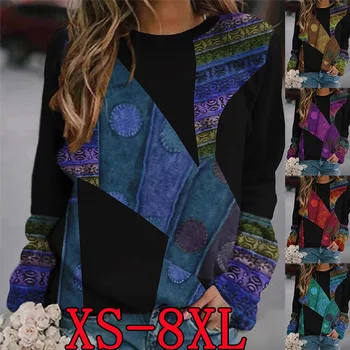 Женският елегантен пуловер 2022 година, зима и есен, нов дизайн, реколта тениска свободно размер с дълъг ръкав XS-8XL