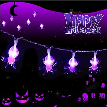 Хелоуин led пурпурни гирлянди-паяци на слънчева енергия /батерии, ужасни гирлянди-паяци за украса на прозорци, веранда, външно помещение
