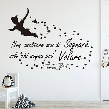 Стикер за стена с анимационни италианската цитат на Питър Пан, детска стая, Питър Пан, италиански, никога не прекращающий да мечтаят, вдъхновяваща цитат на стикер на стената