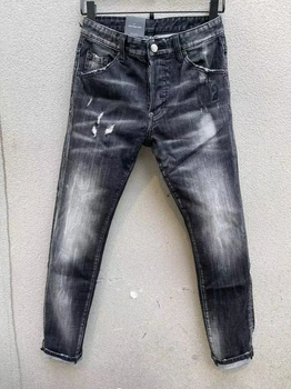 2023 Нови мъжки черни прости надраскани скъсани боядисани модерен панталон-молив дънки 105#