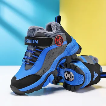 2023 Нова памучен обувки за катерене за момчета, кожа водоустойчив спортни обувки с хлопковыми топли обувки, детски маратонки за деца