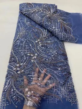 2023 Синя африканска лейси плат с пайети, луксозна френска нигерийская лейси плат с мрежа от мъниста, качество на сватбена рокля