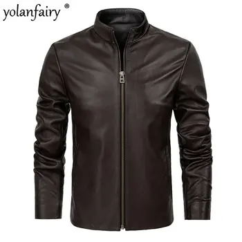 6XL Пролетта палто от естествена телешка кожа 100%, мъжко кожено яке с висока яка, мъжки прости ежедневни палто FCY4085