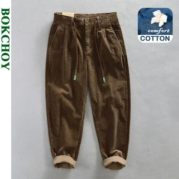 Есенно-зимни нови мъжки класически вельветовые ежедневни панталони, удобни памучни панталони-карго в ретро стил, с голям джоб на съвсем малък