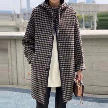 Висококачественото двустранно кашемировое палто с качулка за жените през зимата 2022 г., на корейското ежедневното вълна палто от спилка средна дължина