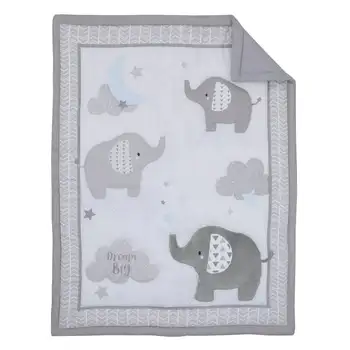 Разходка със слон сиво-бял комплект спално бельо за бебешко легло от 3 теми, одеяло, чаршаф, пола, за яслите, унисекс